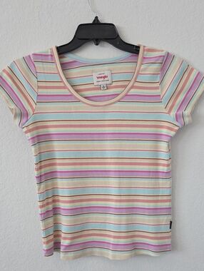 Wrangler Pastel Striped Scoop Neck Baby Tee in Mint, Pink & Cream Womens Medium